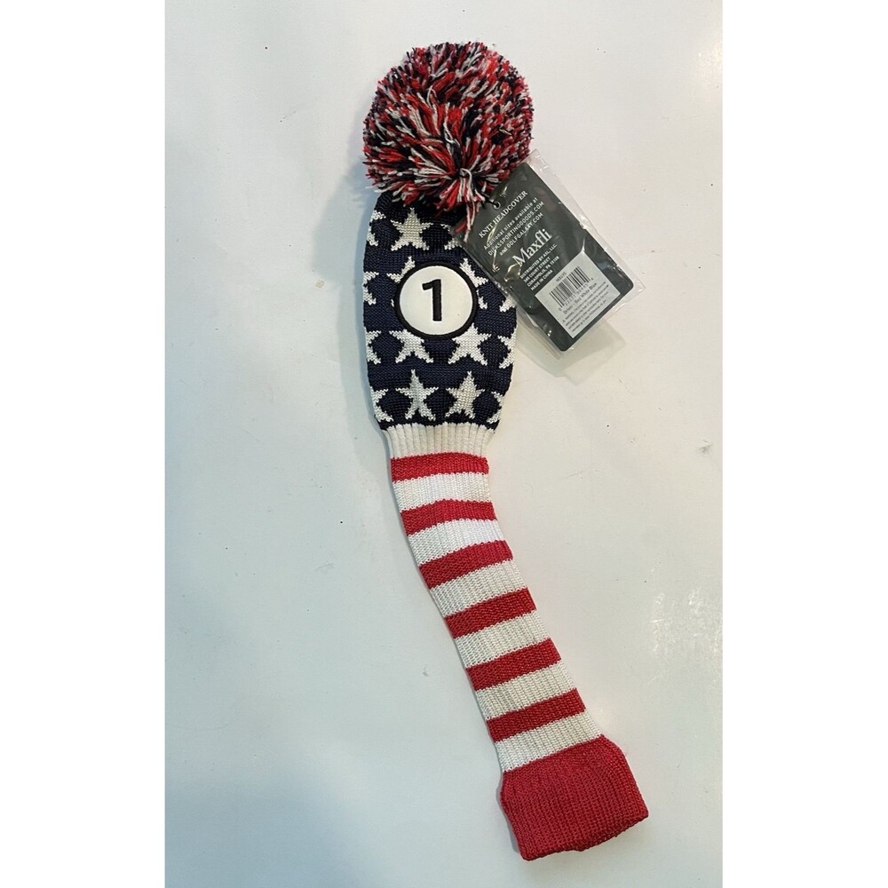 Maxfli "1" Driver Knit Red White Blue Stripes Pom Pom Head Cover, NEW!!